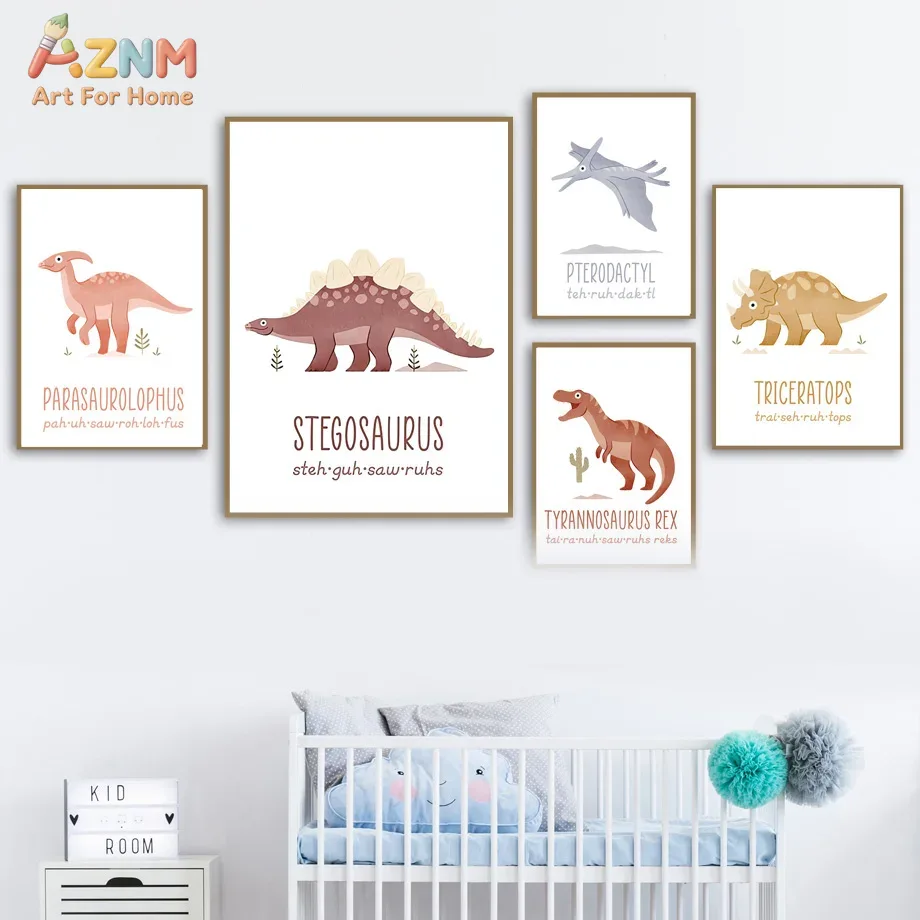 Kids Educational Poster - AZNM Urocze akwarelowe obrazki dinozaurów na