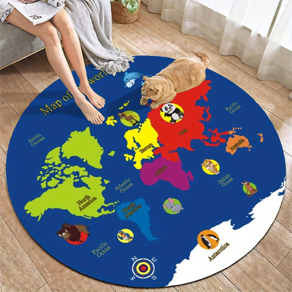 Kids Education Room - Okrągły dywan z mapą świata, flanelowy,