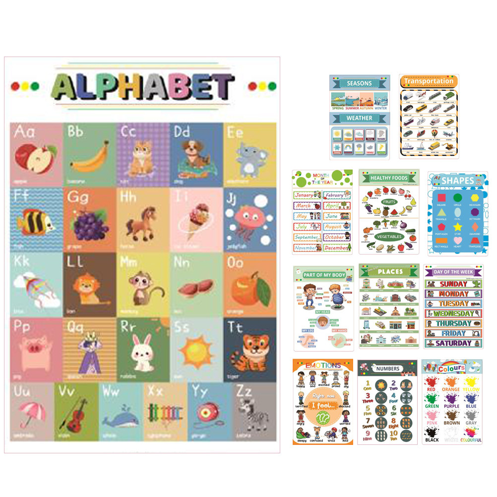 Kids Educational Poster - 12 arkuszy plakatów z kreskówkami do